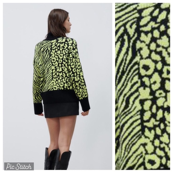 NWOT. Zara Black/Green Printed Knit Sweater. Size S. - Picture 2 of 8